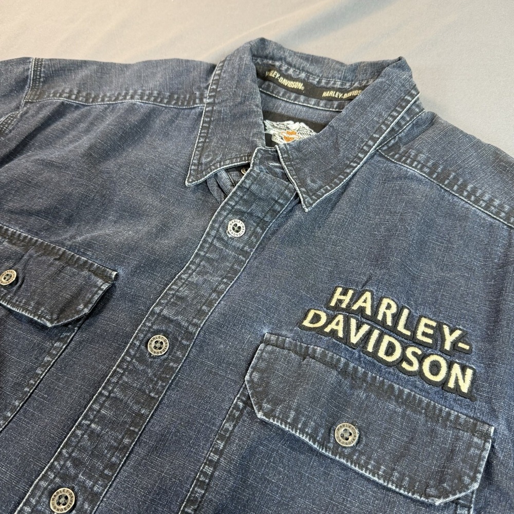 Mens HARLEY-DAVIDSON Denim Short Sleeve Shirt Button Up Dark Blue Size 2XL